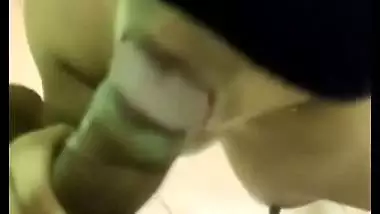 Man blindfolds the lady and gets an Indian blowjob