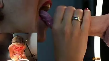 4K - MILF Slut masked with lipstick gives blowjob & gets all the cum on her tongue in close up