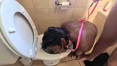 Human toilet Indian whore get pissed on and get her head flushed followed by sucking dick.