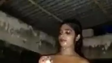 XXX hot outdoor showering of Desi girl who flashes boobs on camera